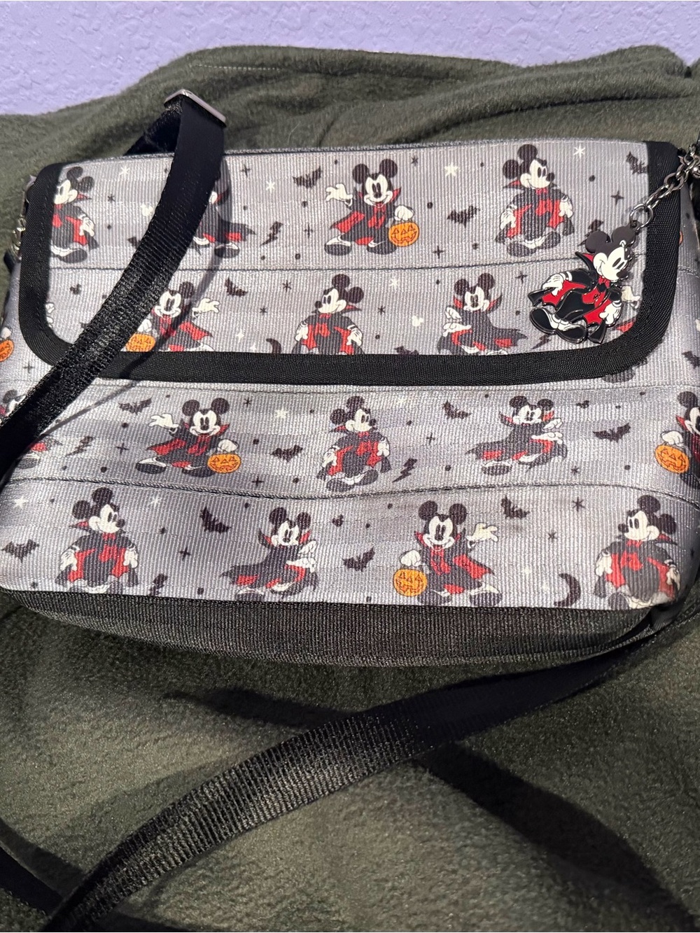 Harveys Gray Crossbody Bag with Black Trim and Orange Pumpkin Accents